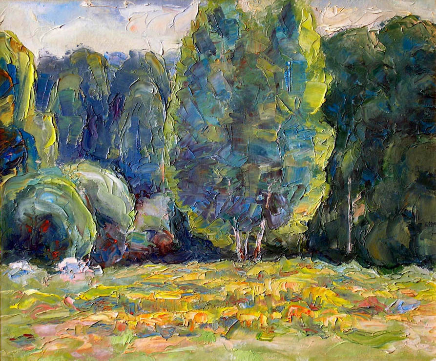 В парке Тропарёво, Москва.  Берёзы и зверобой на закате. / Birch-trees &
St.John's Wort At Sunset. Troparevo Park, Moscow. 1997, oil, canvas, 42x35 cm