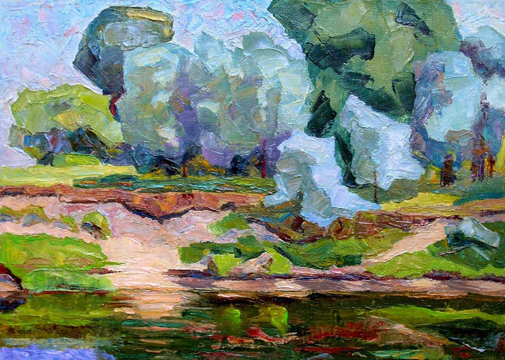 44 - Серебристые тополя на крутом берегу. Река Снов, Украина. / The Steep Bank With Silver Poplar Trees. The Snov River, Ukraine. 2008, oil, canvas, 49x35 cm