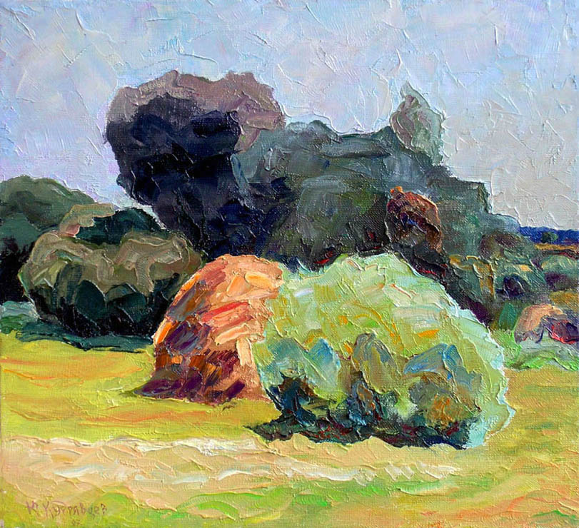 45 - Ивовый куст и стог сена. Клочков, Украина. / Willow Bush With A Haystack. Klochkov, Ukraine. 2007, oil, canvas, 38x35 cm