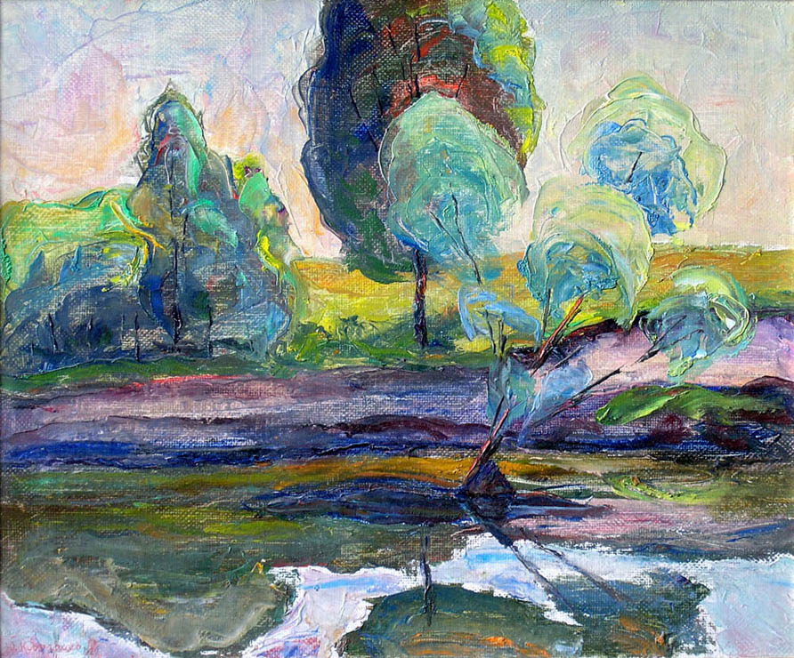69 - Раннее утро. Тонущее дерево. Клочков, р. Снов, Украина. / Early Morning. A Sinking Tree. Klochkov, The Snov River, Ukraine. 2002, oil, canvas, 43x35 cm